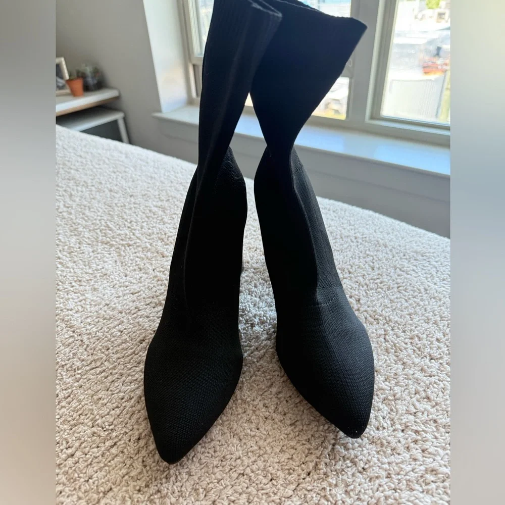 Women's Thick Heel Knit Sock Boots, Pointed Toe Short Booties - Picture 4 of 8